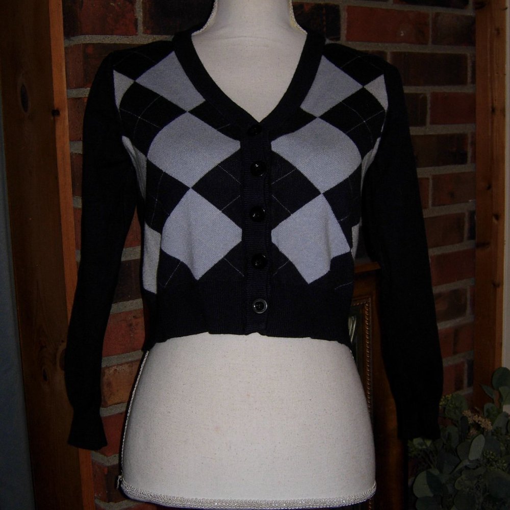 Argyle Button Front Cropped Cardigan Sweater S